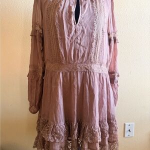Anthropologie Lace Trim Long Sleeve Mini Dress in Dusty Rose